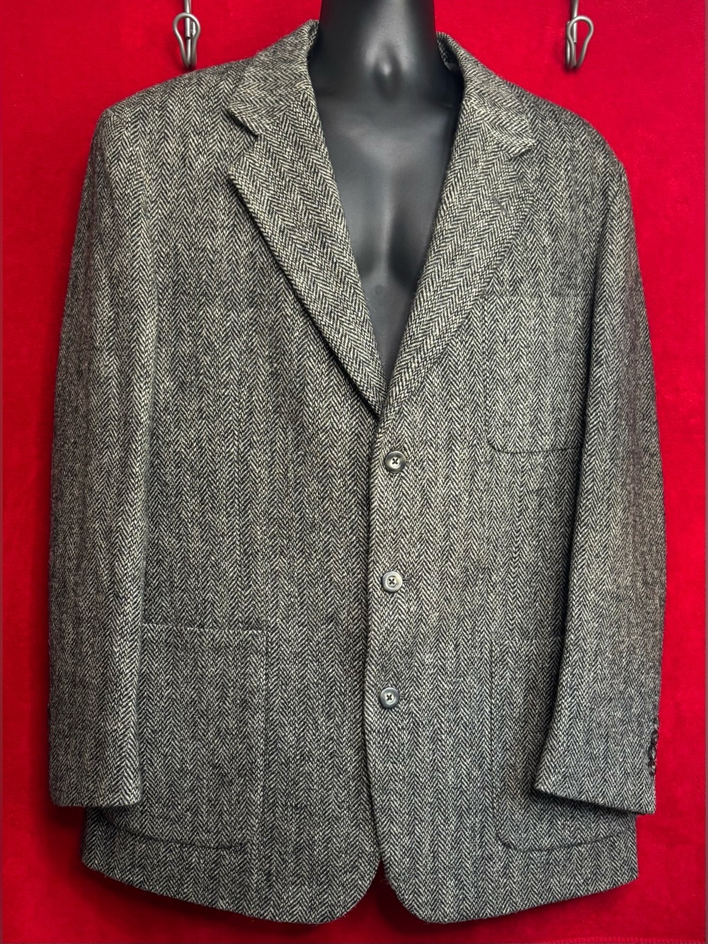 Vintage Harris Tweed Hunt Club Wool Blazer Sport Coat Grey Herringbone 44L